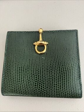 Dark Green Textured Leather Wallet with Gold Toggle Accent